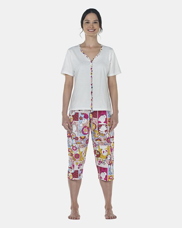 Pijama Feminino Adulto Manga Curta Aberta e Corsário