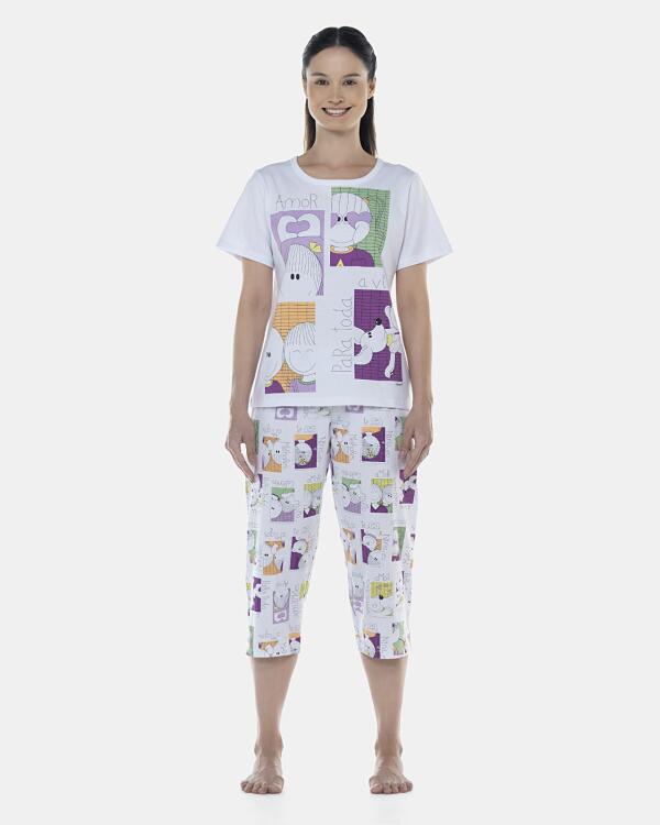 Pijama Feminino Adulto Manga Curta e Corsário