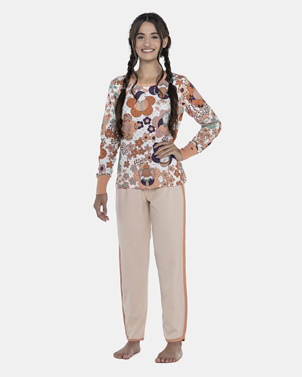 Pijama Feminino Adulto Manga Longa Com Punhos e Calça