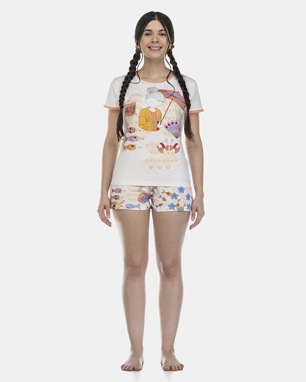 Pijama Feminino Adulto Baby-Look Manga Curta e Short