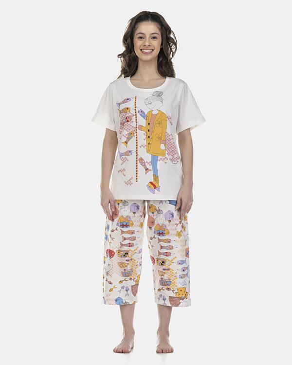 Pijama Feminino Adulto Manga Curta e Corsário