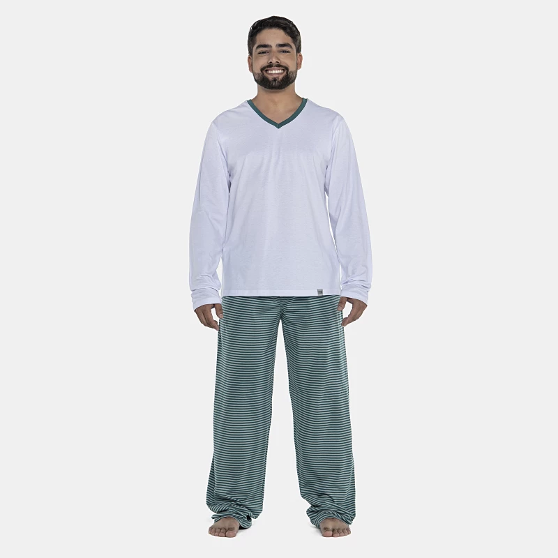 Pijama Masculino Adulto Manga Longa Decote V e Calça Listras