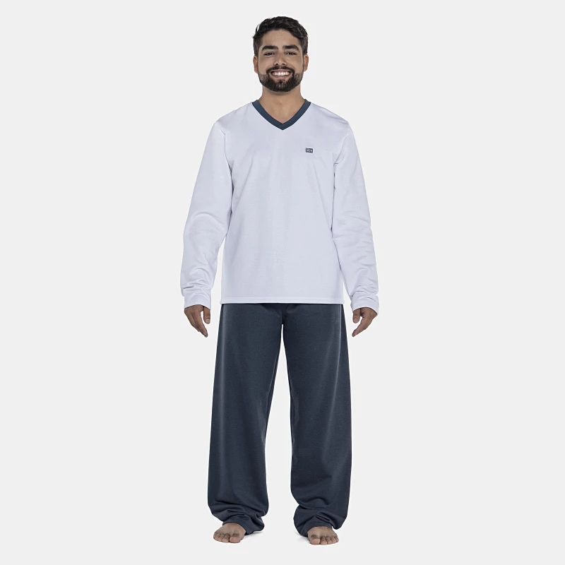 Pijama Masculino Adulto Manga Longa Decote V e Calça Moletinho