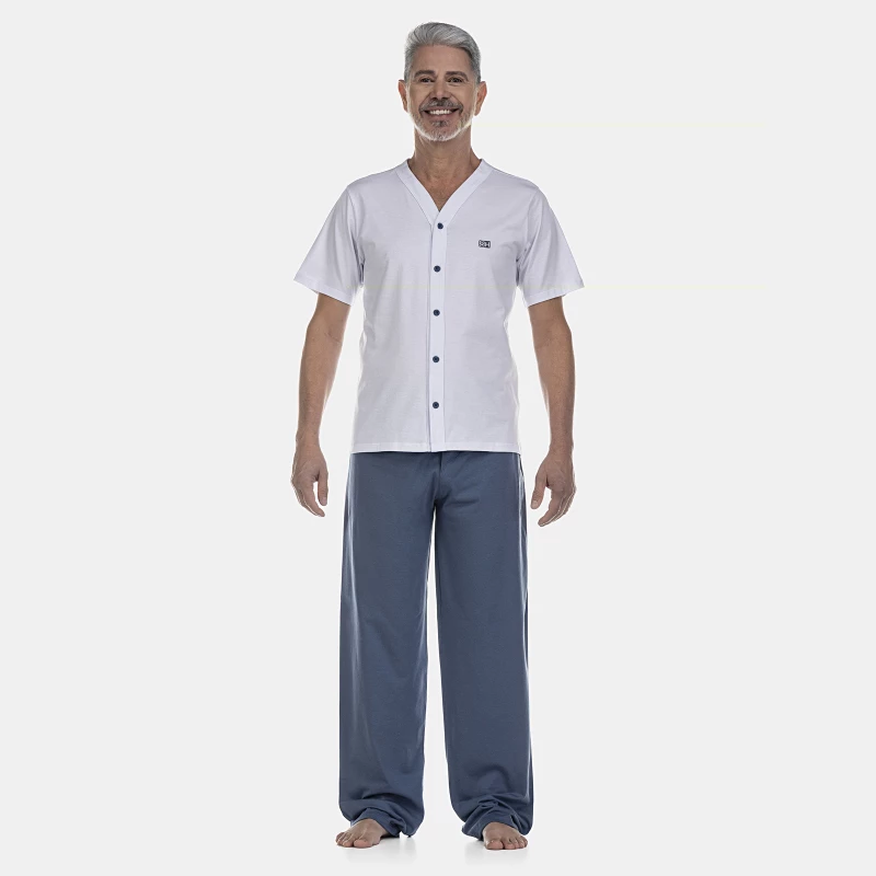 Pijama Masculino Adulto Manga Curta Com Abertura e Calça