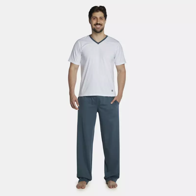 Pijama Masculino Adulto Manga Curta Decote V e Calça