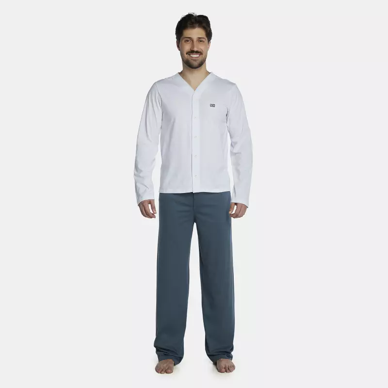 Pijama Masculino Adulto Manga Longa Com Abertura e Calça