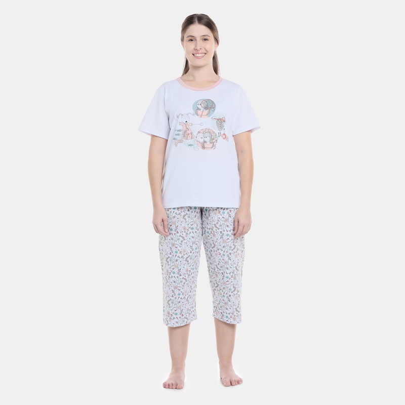 Pijama Feminino Adulto Manga Curta e Corsário