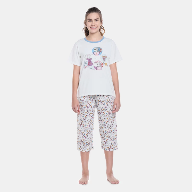 Pijama Feminino Adulto Manga Curta e Corsário