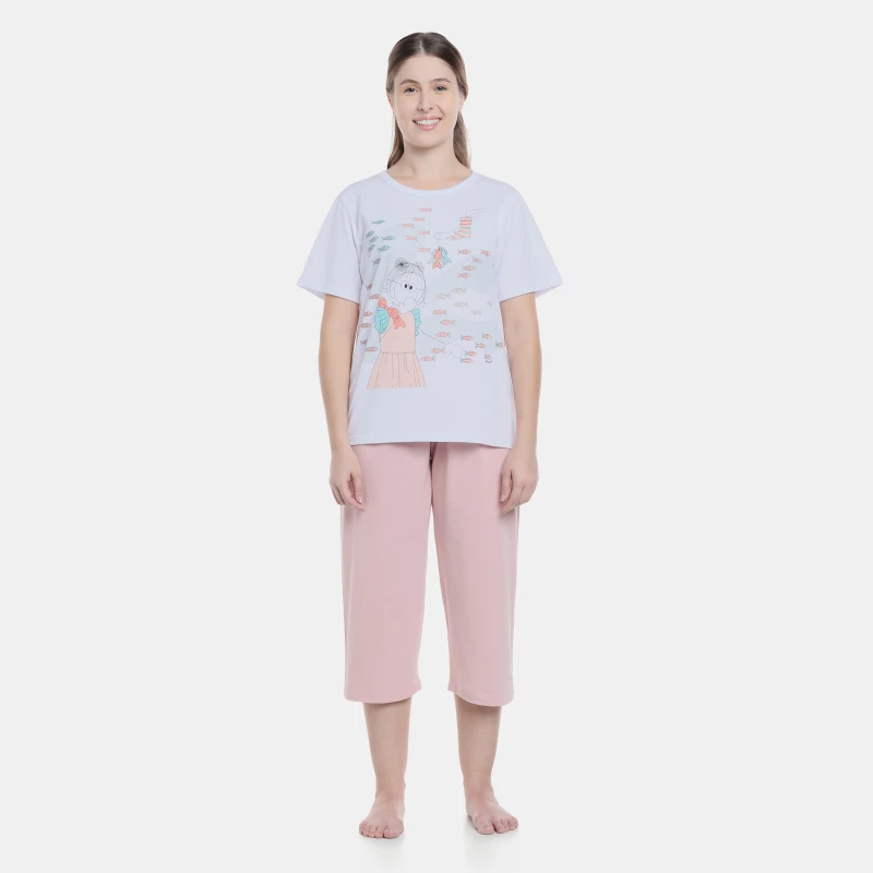 Pijama Feminino Adulto Manga Curta e Corsário
