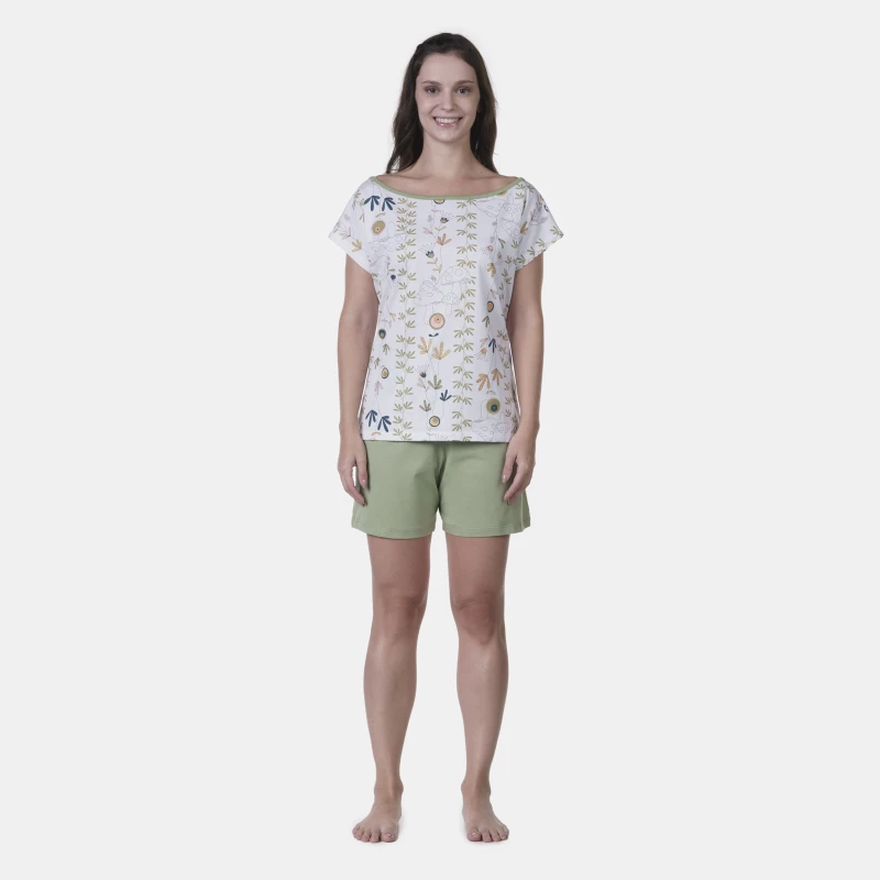 Pijama Curto Feminino Sonhart Blusa Canoa  e bermuda Verde    