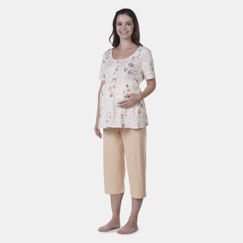 Pijama Gestante Manga Curta e Corsário     