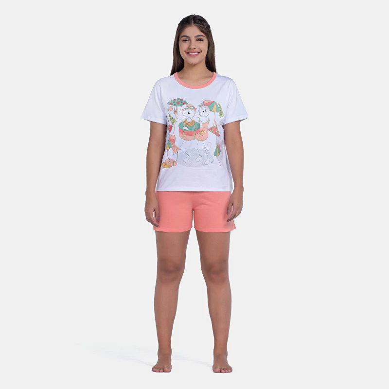 Pijama Feminino Blusa Manga Curta e Short Estampa Pat e Annie