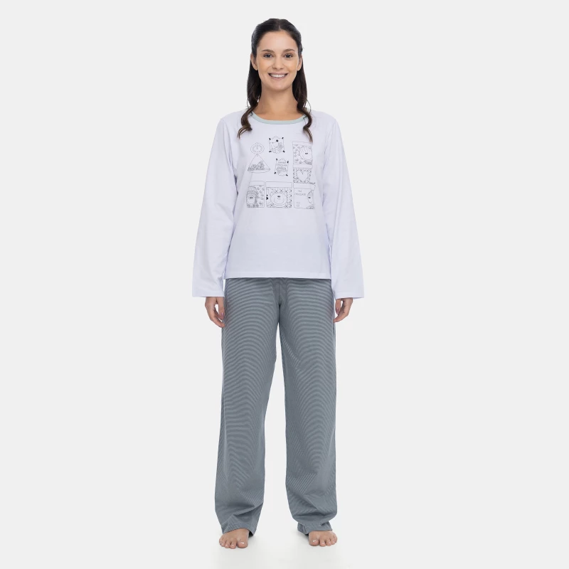 Pijama Feminino Adulto Blusa Manga Longa e Calça Cinza