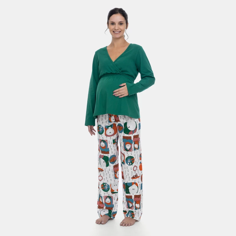 Pijama Sonhart Gestante Longo Blusa Decote V e Calça Estampada