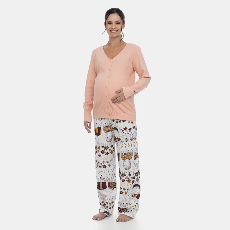 Pijama Gestante Blusa V Botões Manga Longa e Calça Estampa Pat e Annie