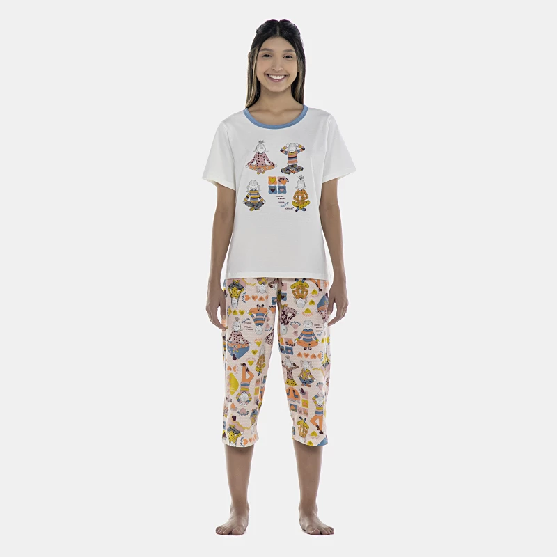 Pijama Feminino Adulto Manga Curta e Corsário
