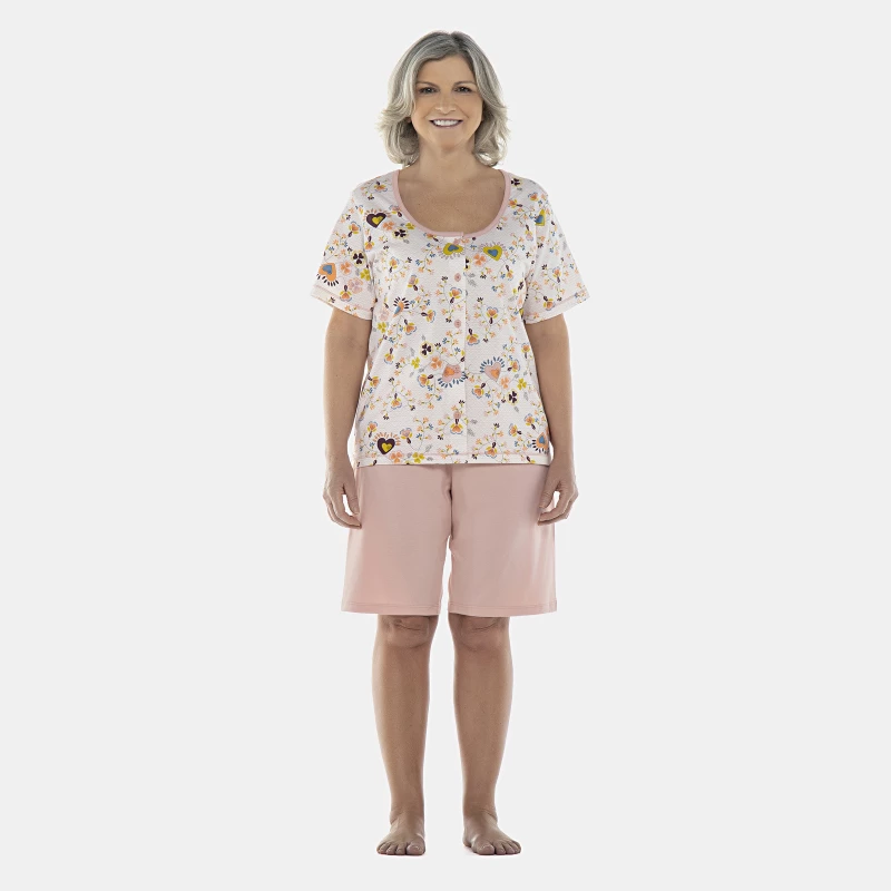 Pijama Feminino Adulto Manga Curta Aberta e Bermuda