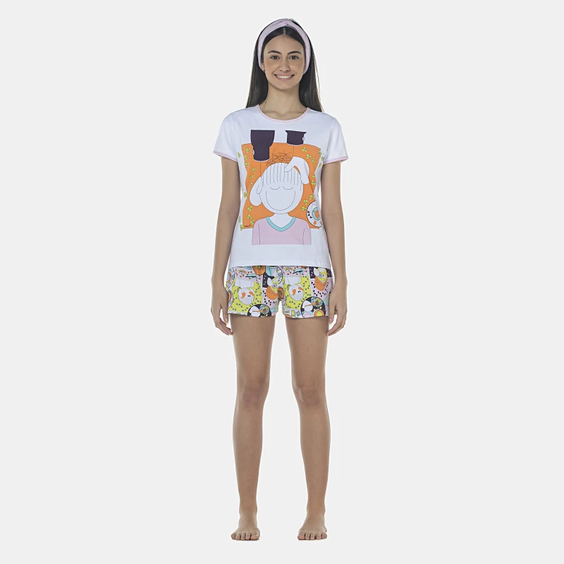 Pijama Feminino Adulto Baby-Look Manga Curta e Short