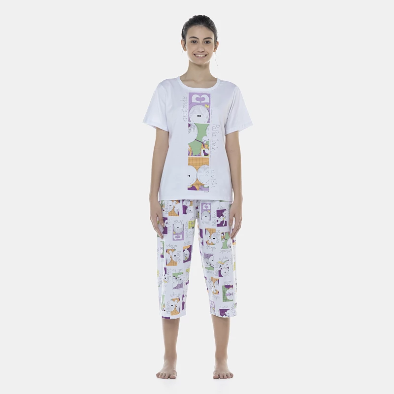 Pijama Feminino Adulto Manga Curta e Corsário