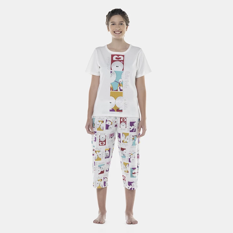 Pijama Feminino Adulto Manga Curta e Corsário