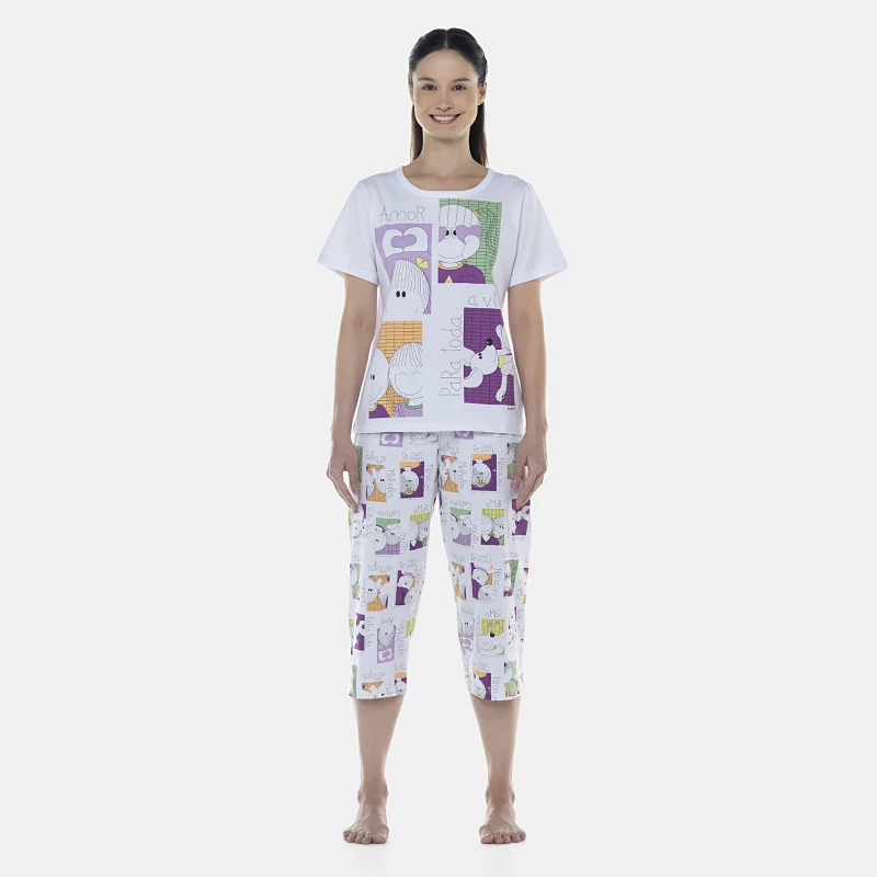 Pijama Feminino Adulto Manga Curta e Corsário