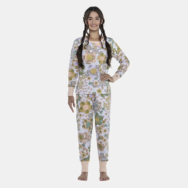 Pijama Feminino Adulto Manga Longa e Calça Com Punhos