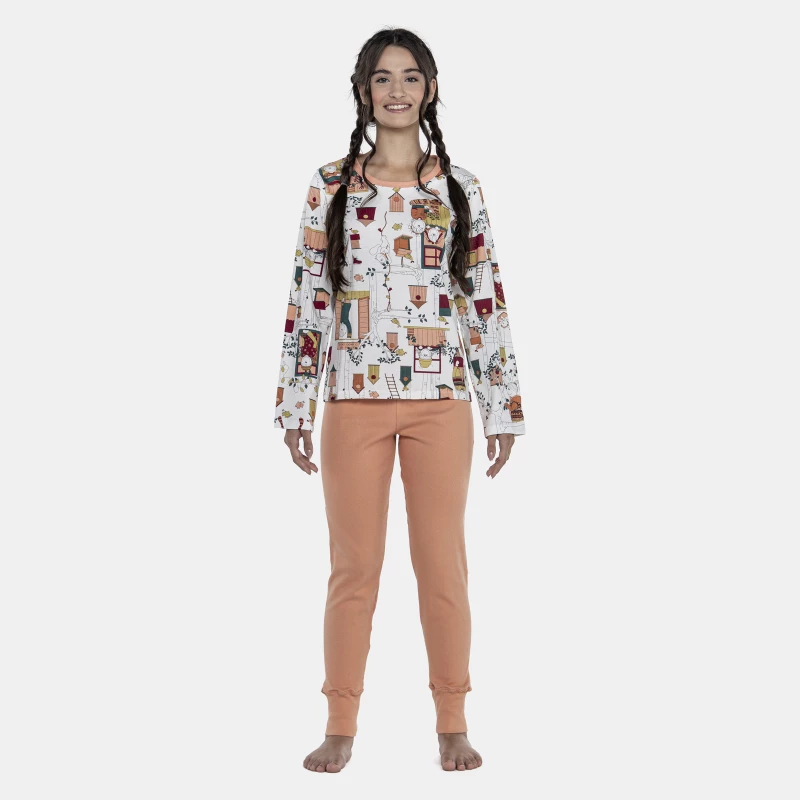 Pijama Feminino Adulto Manga Longa e Calça Canelada