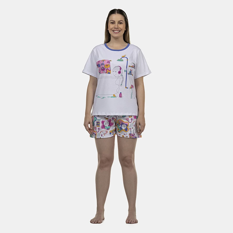 Pijama Feminino Adulto Manga Curta e Short