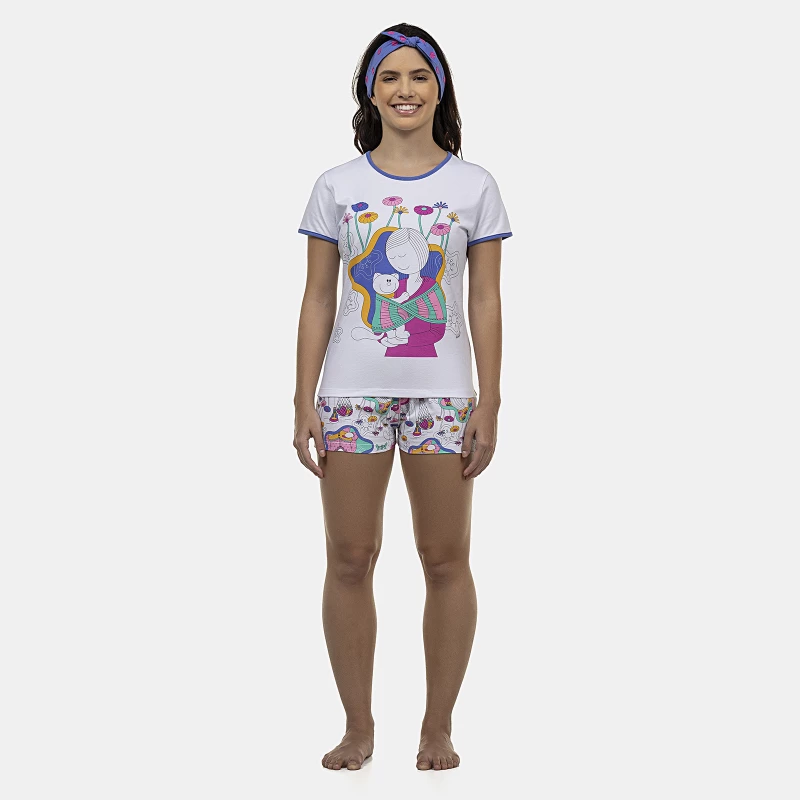 Pijama Feminino Adulto Baby-Look Manga Curta e Short