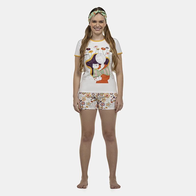 Pijama Feminino Adulto Baby-Look Manga Curta e Short