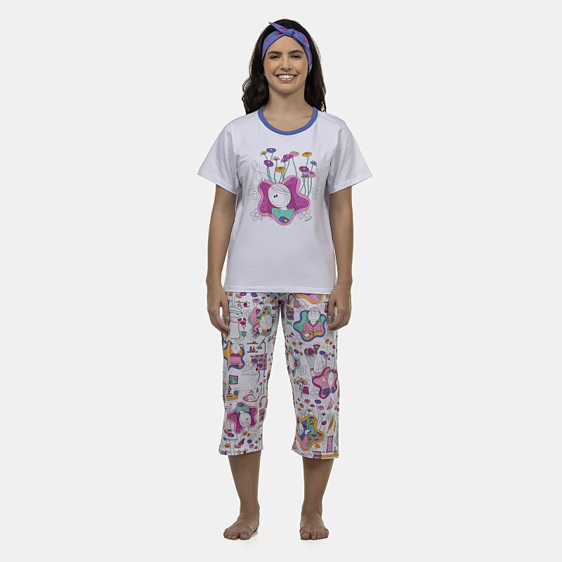 Pijama Feminino Adulto Manga Curta e Corsário