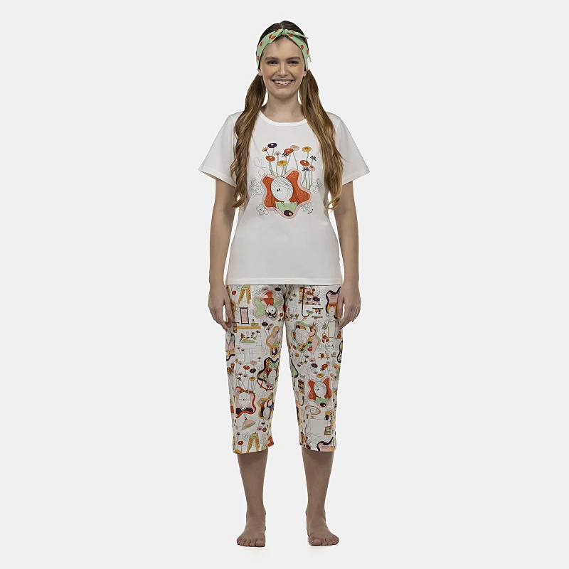 Pijama Feminino Adulto Manga Curta e Corsário