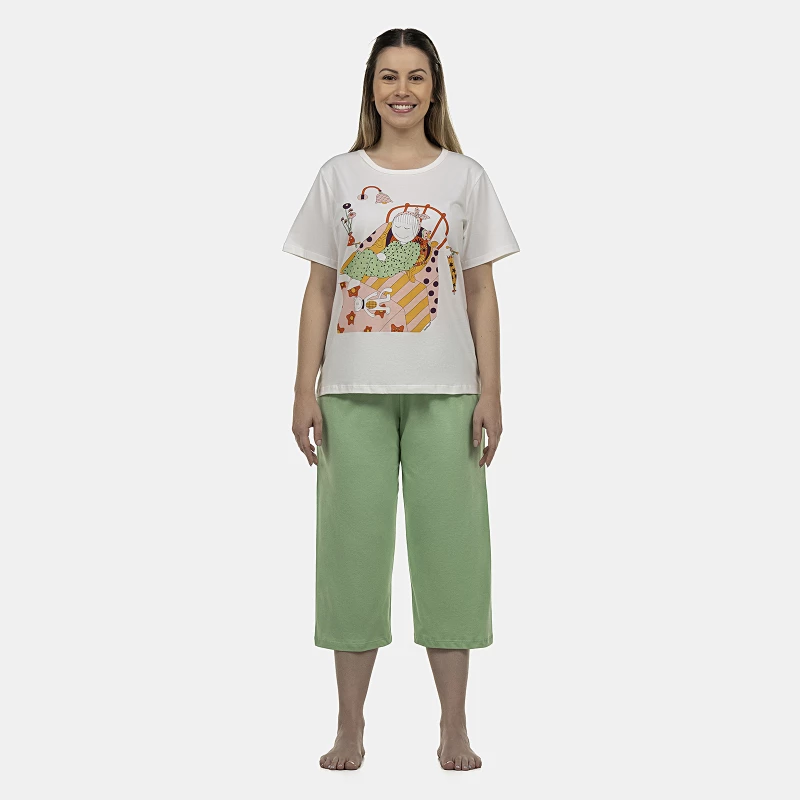 Pijama Feminino Adulto Manga Curta e Corsário