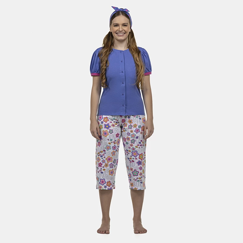 Pijama Feminino Adulto Manga Curta Aberta e Corsário