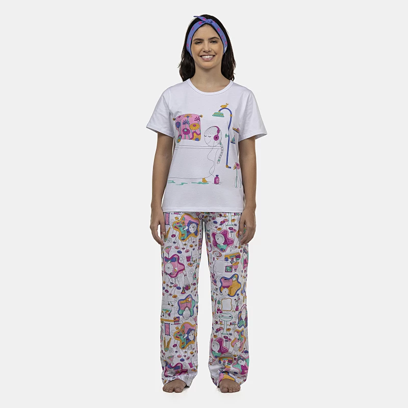 Pijama Feminino Adulto Manga Curta e Calça