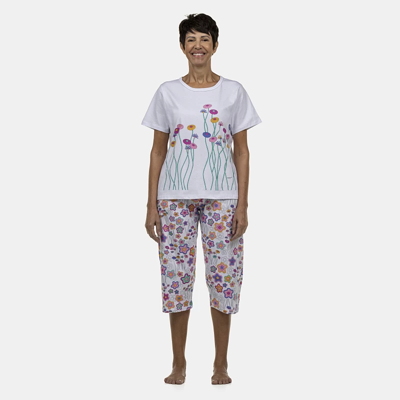 Pijama Feminino Adulto Manga Curta e Corsário
