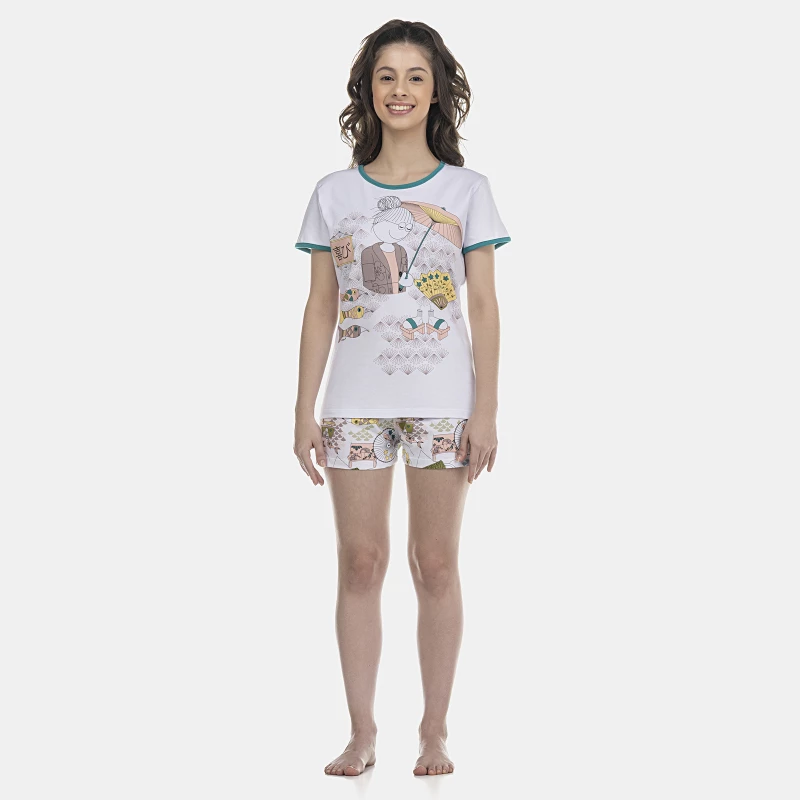 Pijama Feminino Adulto Baby-Look Manga Curta e Short