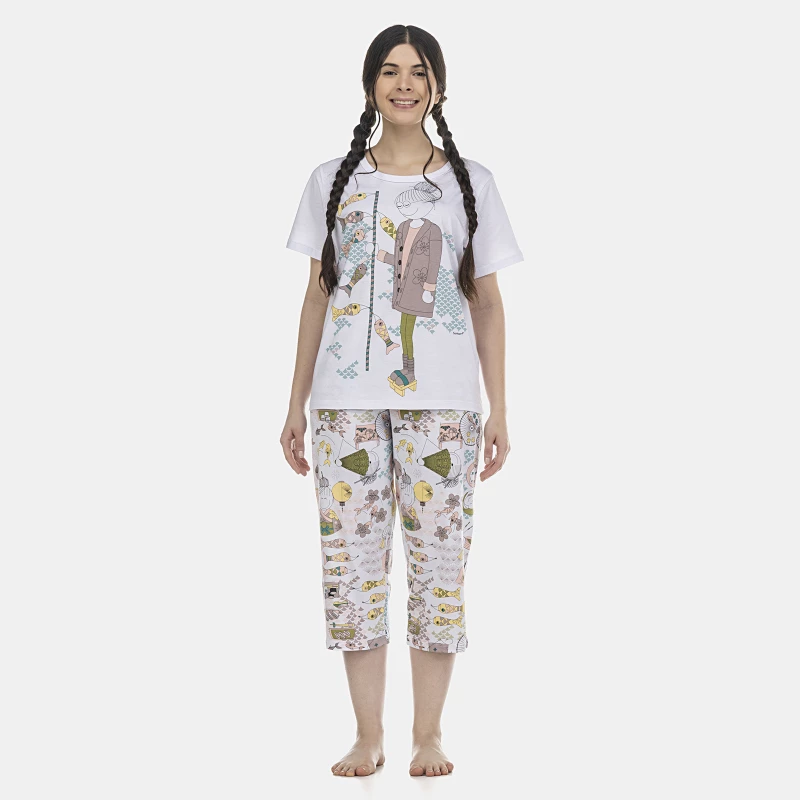 Pijama Feminino Adulto Manga Curta e Corsário