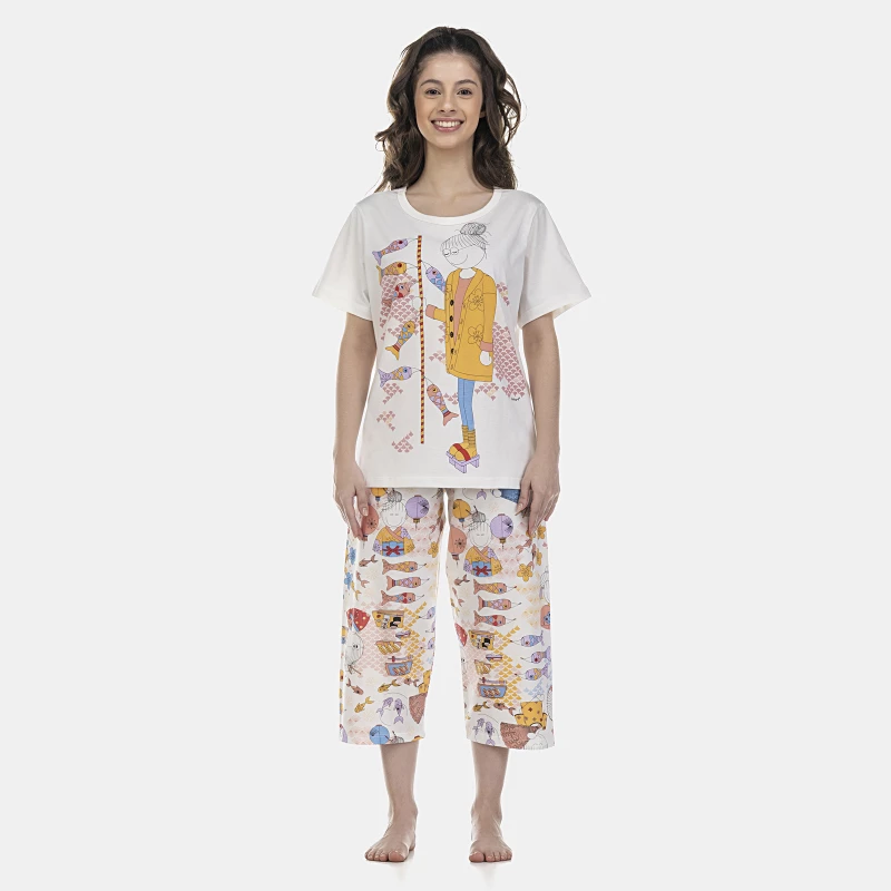 Pijama Feminino Adulto Manga Curta e Corsário