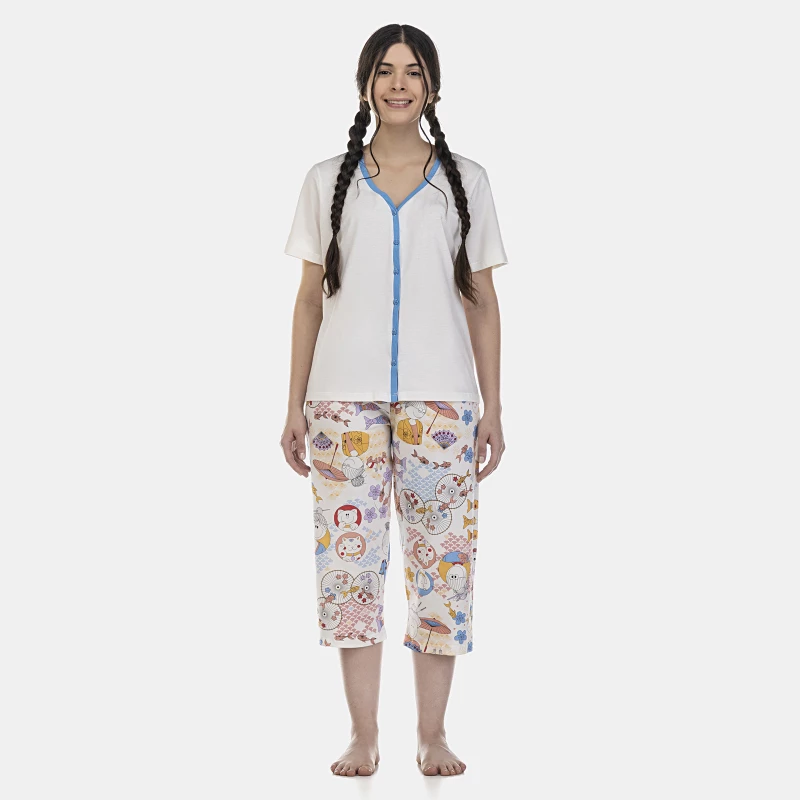 Pijama Feminino Adulto Manga Curta Aberto e Corsário