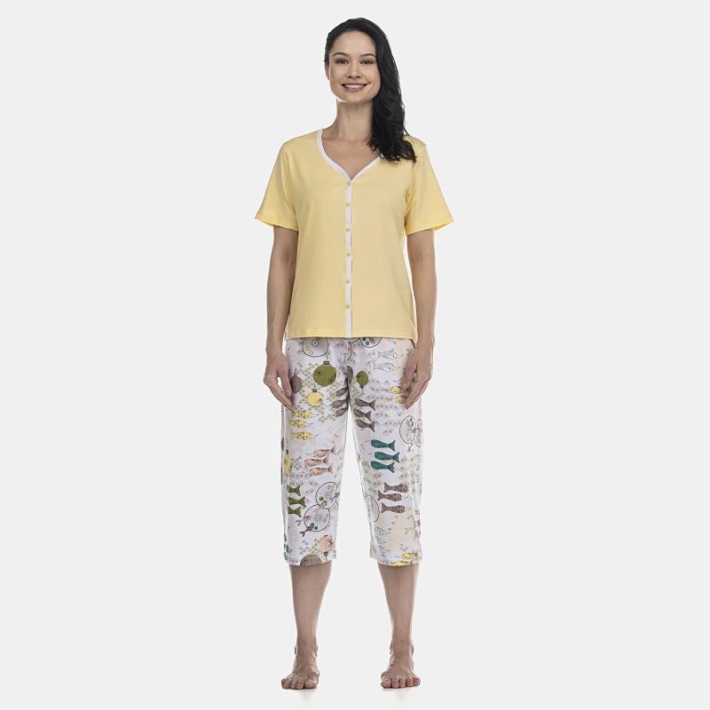 Pijama Feminino Adulto Manga Curta Aberto e Corsário
