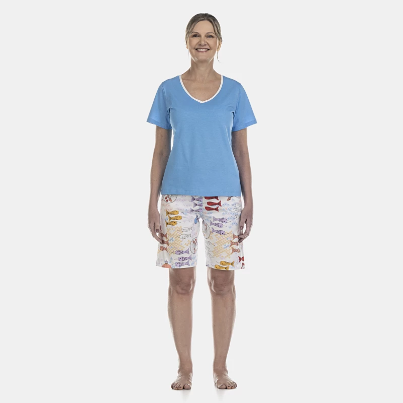 Pijama Feminino Adulto Manga Curta e Bermuda