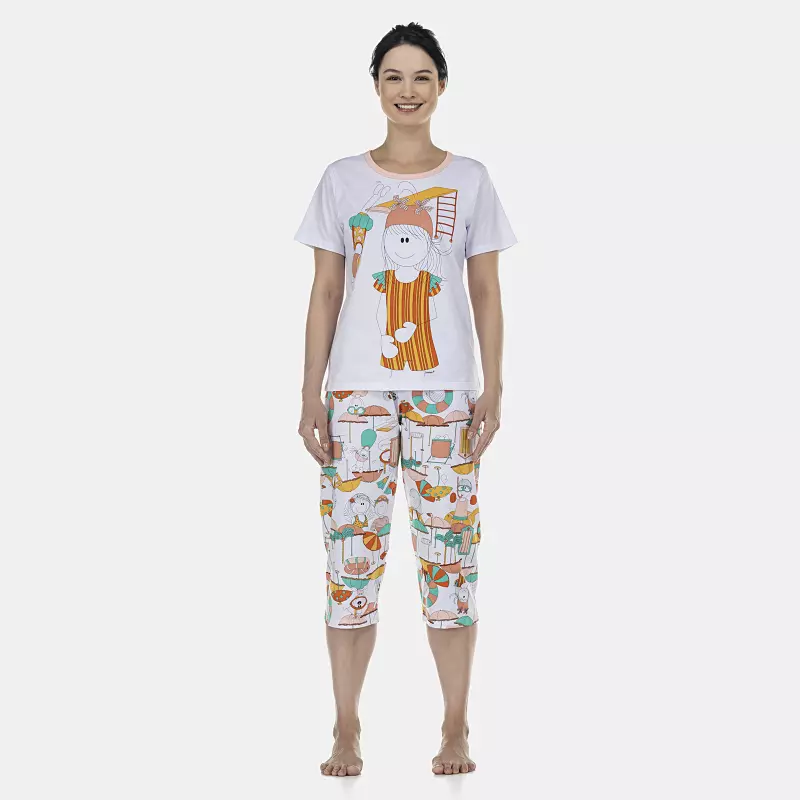 Pijama Feminino Adulto Manga Curta e Corsário