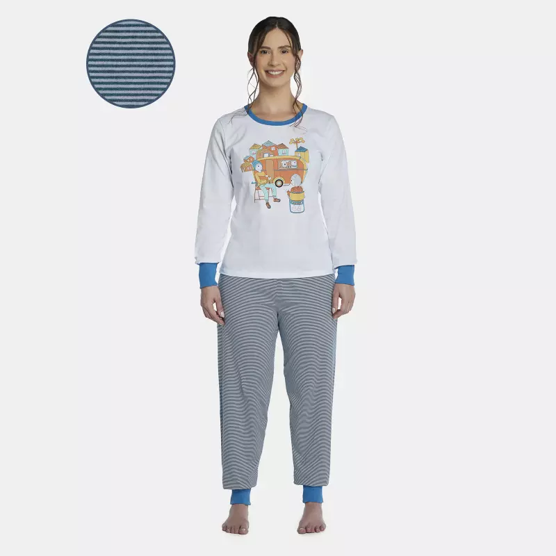 Pijama Feminino Adulto Manga Longa e Calça Com Punhos
