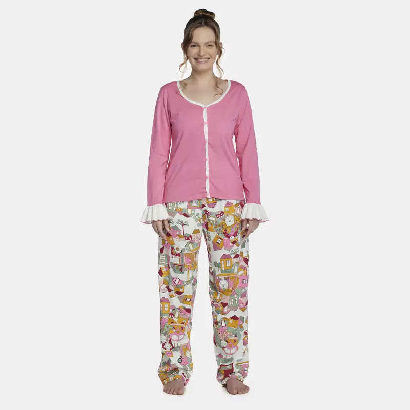 Pijama Feminino Adulto Manga Longa e Calça
