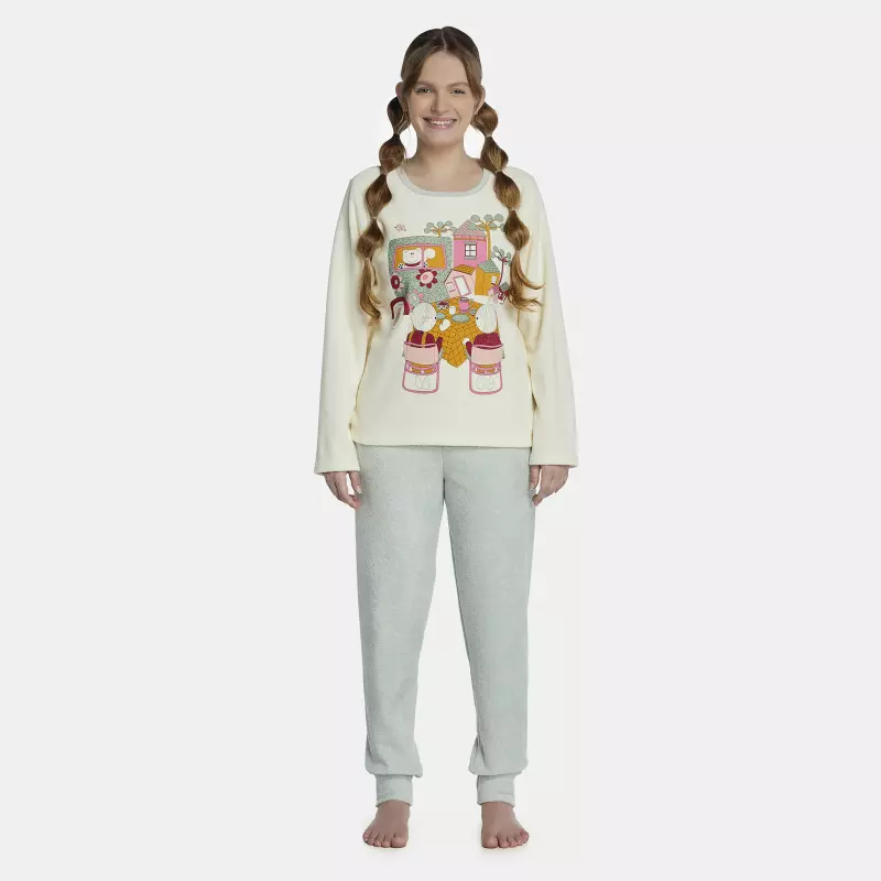 Pijama Feminino Adulto Manga Longa e Calça Plush