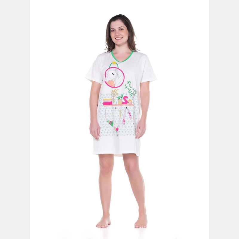 Camisão Feminino Adulto Manga Curta Decote V