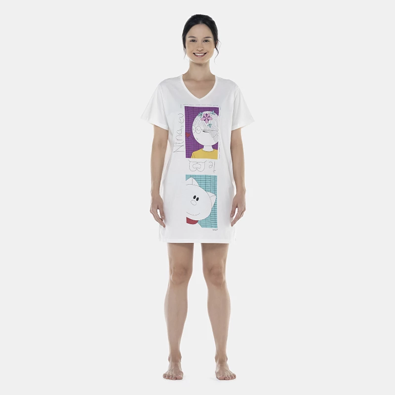 Camisão Feminino Adulto Manga Curta Decote V