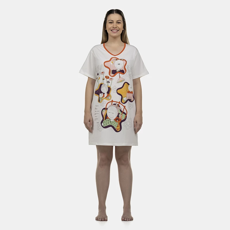 Camisão Feminino Adulto Manga Curta Decote V