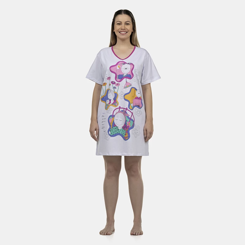 Camisão Feminino Adulto Manga Curta Decote V